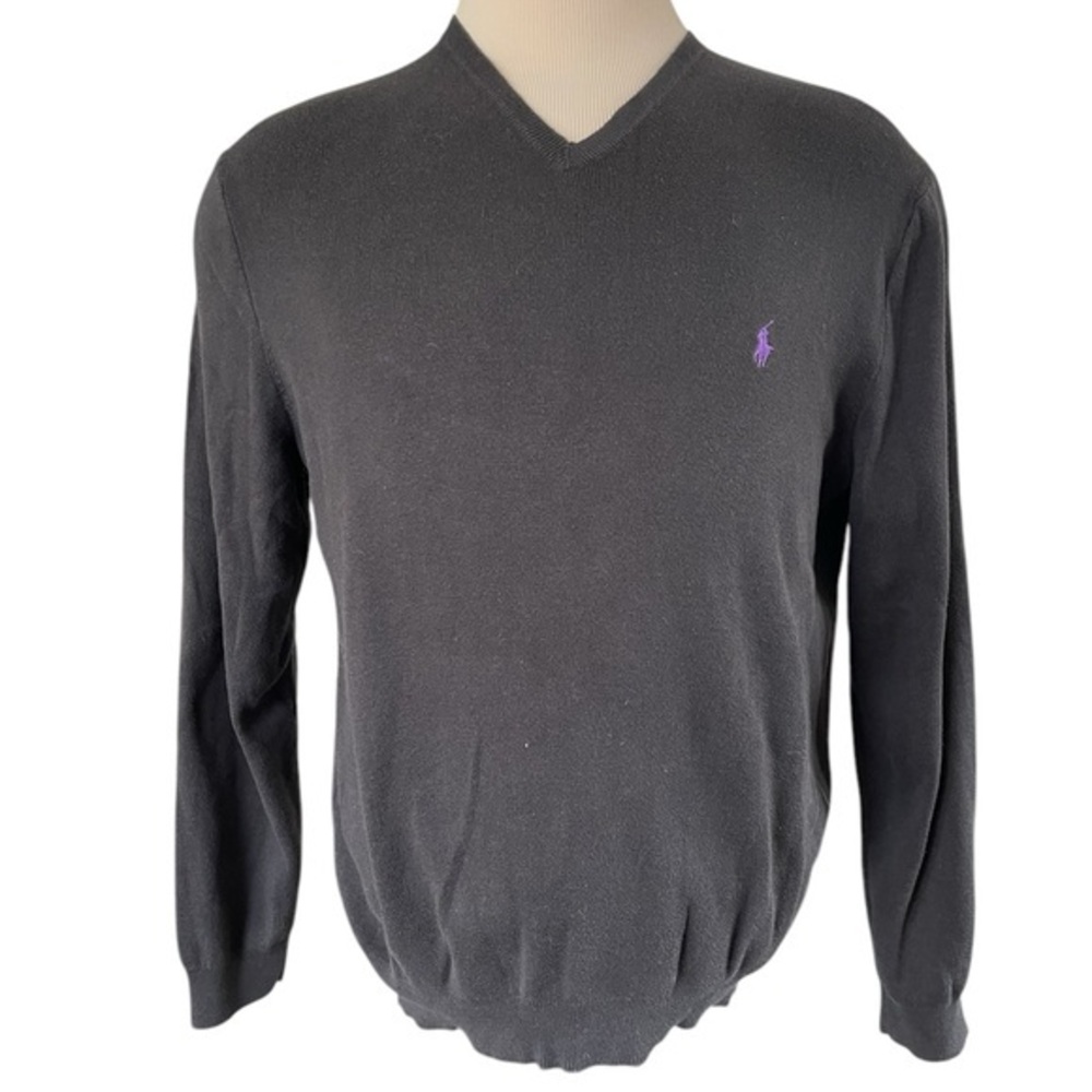 POLO RALPH LAUREN Black Pima Cotton V Neck Longsleeve Sweater Preppy Pony LARGE